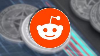 The Reddit Alien logo on top of an Ethereum cryptocurrency background