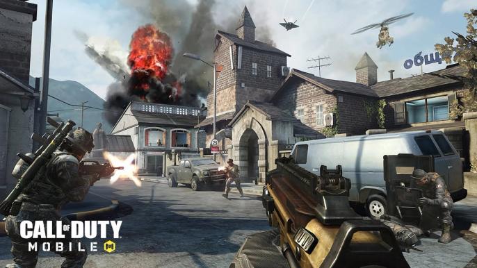 Call of Duty Mobile map, showing two soldiers aiming at another one coming out of a building.