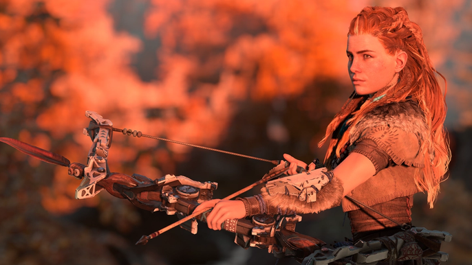 horizon zero dawn remake not made by guerrilla games aloy looks to the distance as monsters roam the world