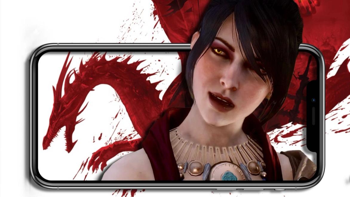 A mock-up image of Dragon Age Mobile with Morigan on a DA:O background