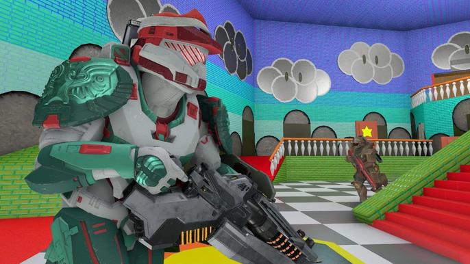 Halo Infinite Forge gameplay in Peach’s Castle from Super Mario 64 with a Mark VII Spartan wearing a Christmas hat  