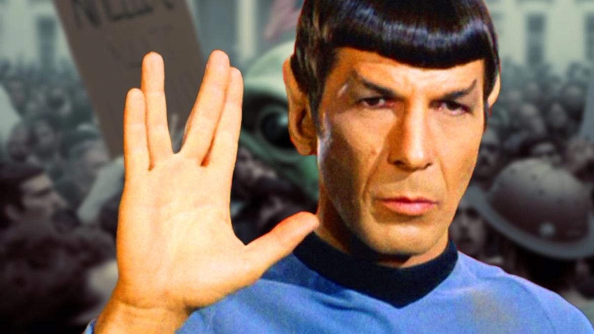 Humanity bursting into chaos after discovering aliens: Spock showing a Vulcan salute of peace whilst protestors scream 