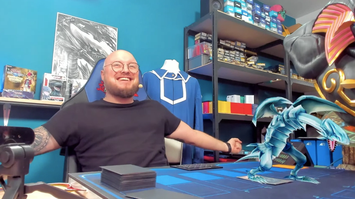 yu-gi-oh-cards-hologram-livestream-real; a French streamer summoning the Blue Eyes White Dragon Yu-Gi-Oh card with hologram technology. 