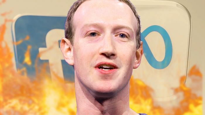 Mark Zuckerberg on a flaming Facebook and meta logo