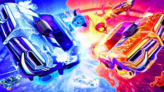 An image of Rocket League Season 9 two cars, one blue, one red, driving towards us. 