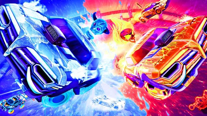 An image of Rocket League Season 9 two cars, one blue, one red, driving towards us. 