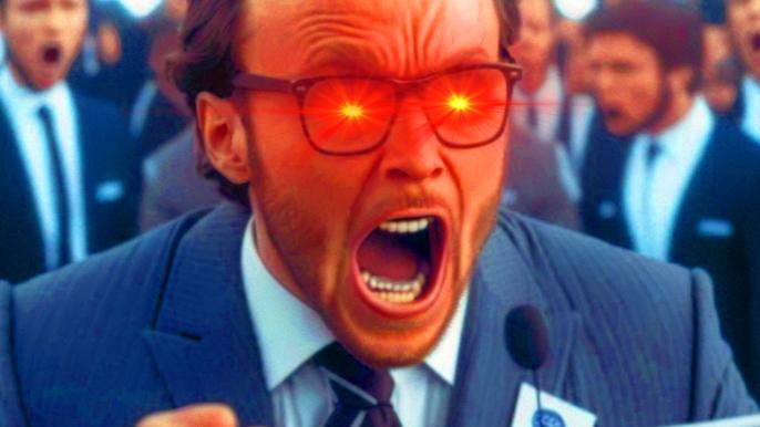 An image of a conservative screaming at ChatGPT for being woke 