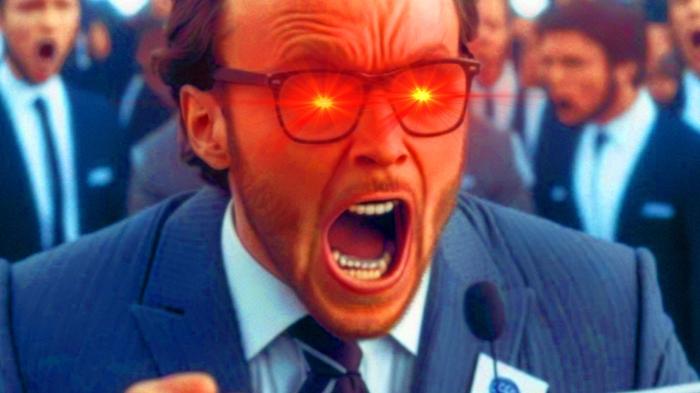 An image of a conservative screaming at ChatGPT for being woke 