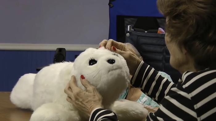 An elderly woman playing with a white Paro Robot seal in a care home. 