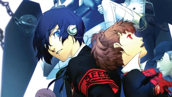 persona 3 portable remaster rush job a boy and girl stand back to back with a coffin behind them