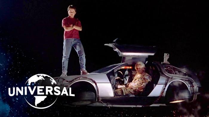 Marty McFly and Doc Brown ride The DeLorean.