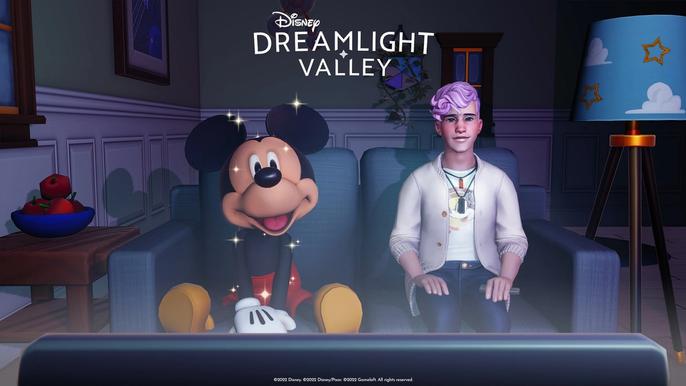 Mickey Mouse on a sofa with a player's avatar, watching TV - Disney Dreamlight Valley cloud save error 