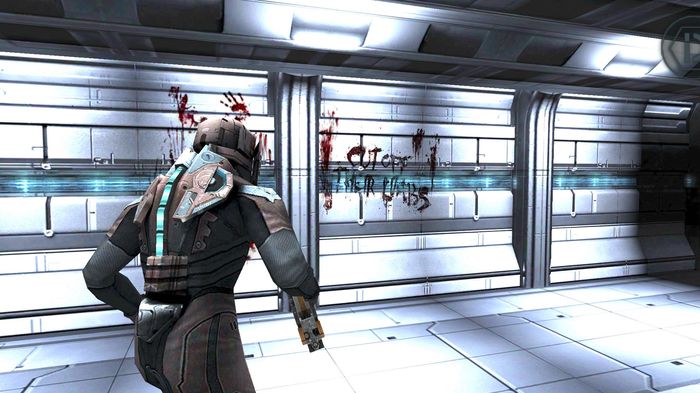 Vandal from Dead Space Mobile looking at a bloody message on a white wall. 
