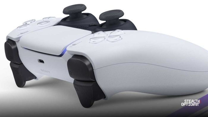PS5 controller on its side, showing the triggers and the back of the DualSense.