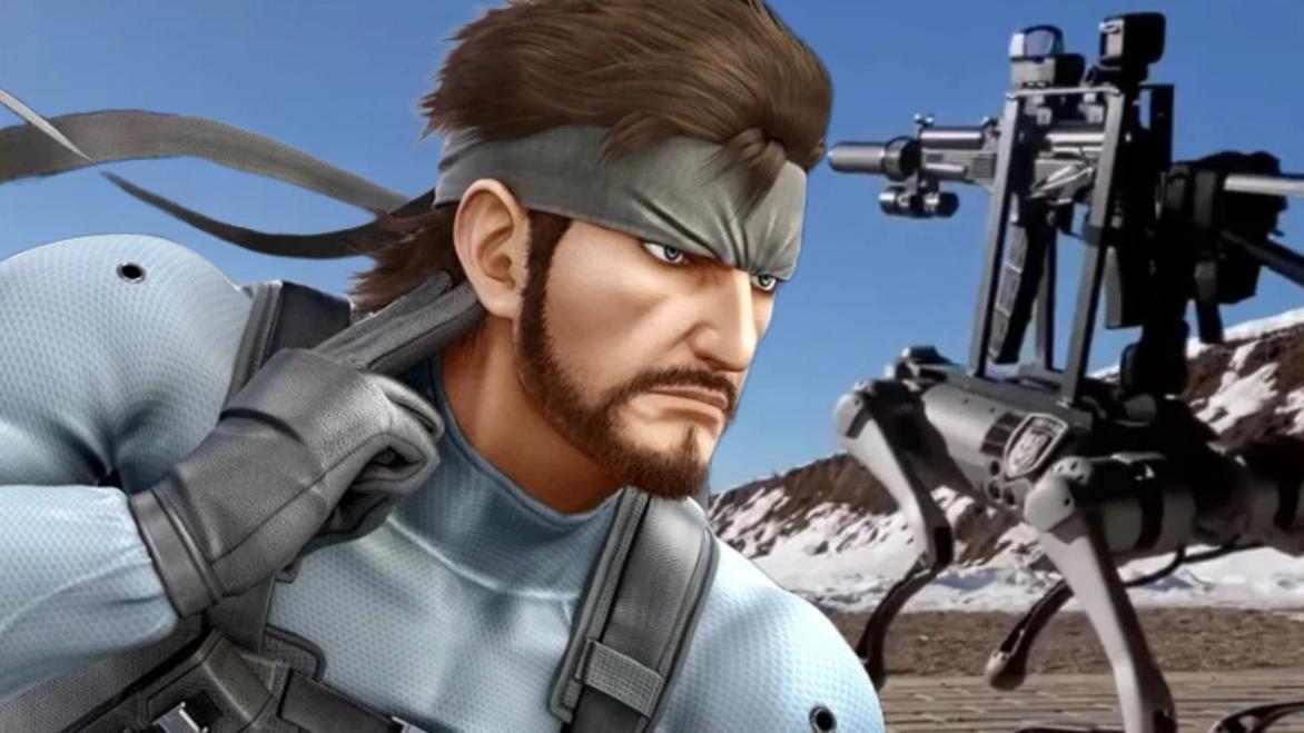 Solid Snake from Metal Gear Solid on top of an image of a military robot with a rifle on top. 