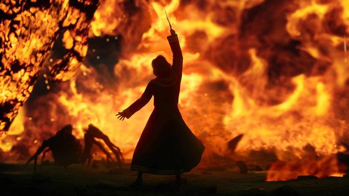 A wizard in silhouette, with wand raised, as fire blazes - Hogwarts legacy release date