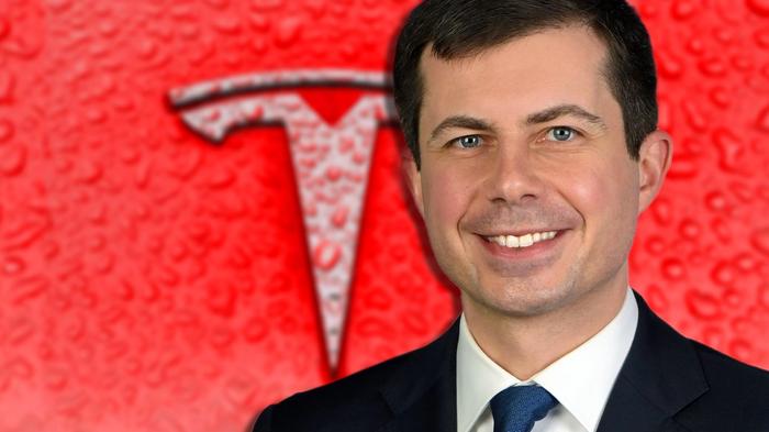 An image of secretary of transportation Pete Buttigieg on top of a red Tesla logo 