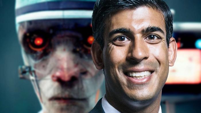 UK prime minister Rishi Sunak smiling on top of an evil looking robot worker Doctor in the NHS