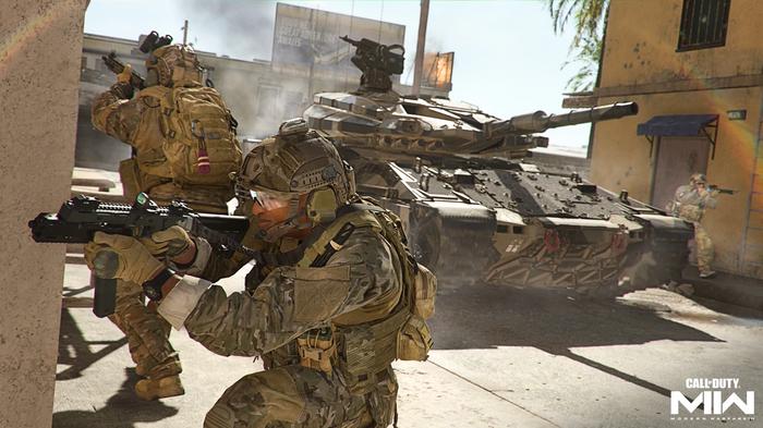 Soldiers moving through a town with a tank in support - Modern warfare 2 shadow ban