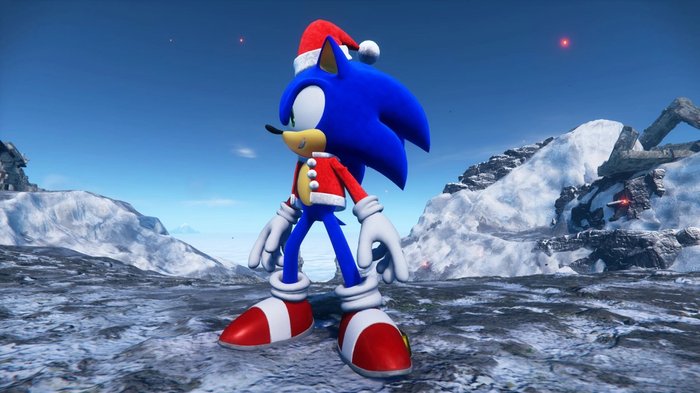 sonic frontiers free dlc roadmap puts aaa games to shame sonic is standing on a field wearing a santa suit